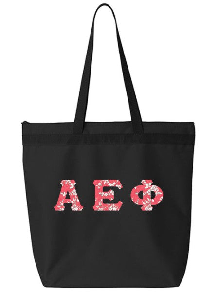 Alpha Epsilon Phi Large Zippered Tote Bag with Sewn-On Letters