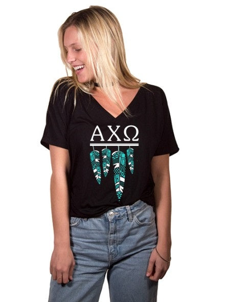 Alpha Chi Omega Tribal Feathers Slouchy V-neck Tee