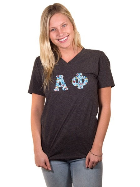 Alpha Phi Unisex V-Neck T-Shirt with Sewn-On Letters