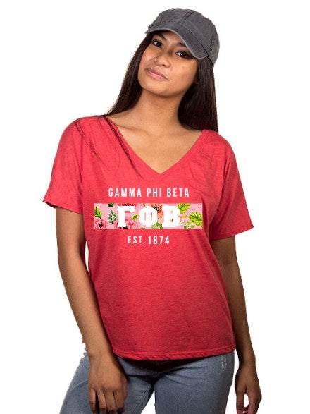 Gamma Phi Beta Floral Letter Box Slouchy V-Neck Tee