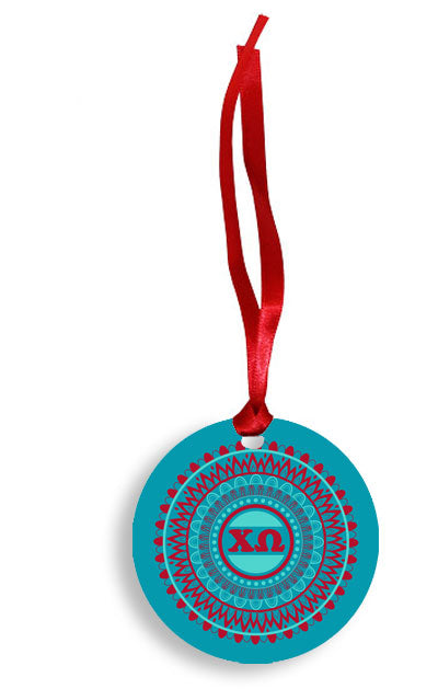 Chi Omega Blue and Red Circle Pattern Sunburst Ornament