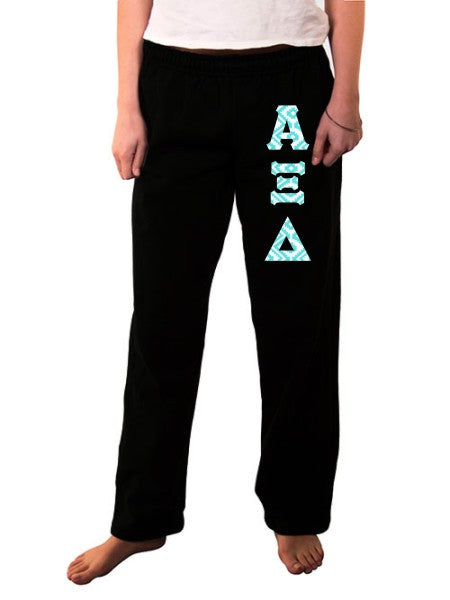Alpha Xi Delta Open Bottom Sweatpants with Sewn-On Letters