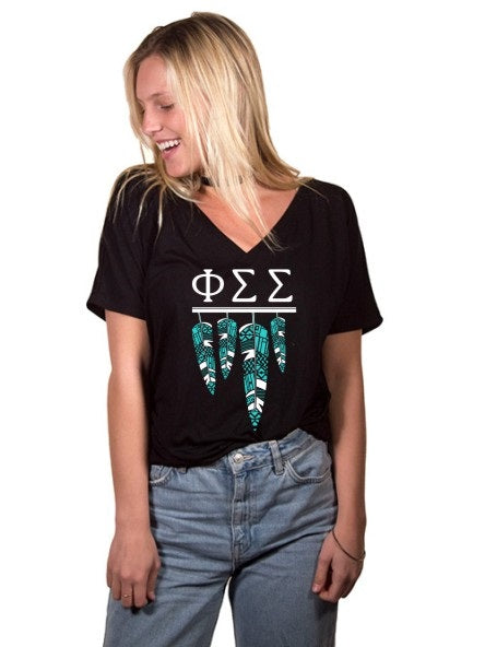 Phi Sigma Sigma Tribal Feathers Slouchy V-neck Tee