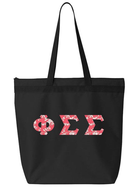 Phi Sigma Sigma Large Zippered Tote Bag with Sewn-On Letters
