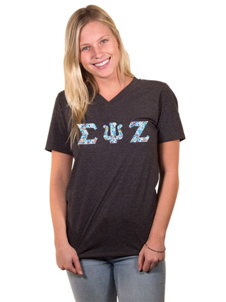 Sigma Psi Zeta Unisex V-Neck T-Shirt with Sewn-On Letters