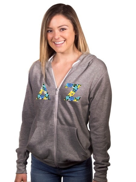 Delta Zeta Unisex Full-Zip Hoodie with Sewn-On Letters