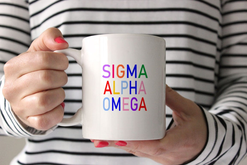 Sigma Alpha Omega Coffee Mug with Rainbows - 15 oz