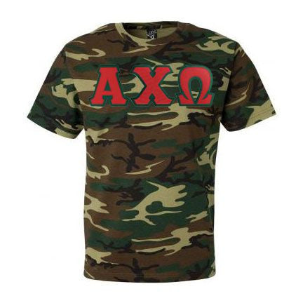 Discount Alpha Chi Omega Lettered Camouflage T Shirt DISCOUNT-Alpha Chi Omega Lettered Camouflage T-Shirt