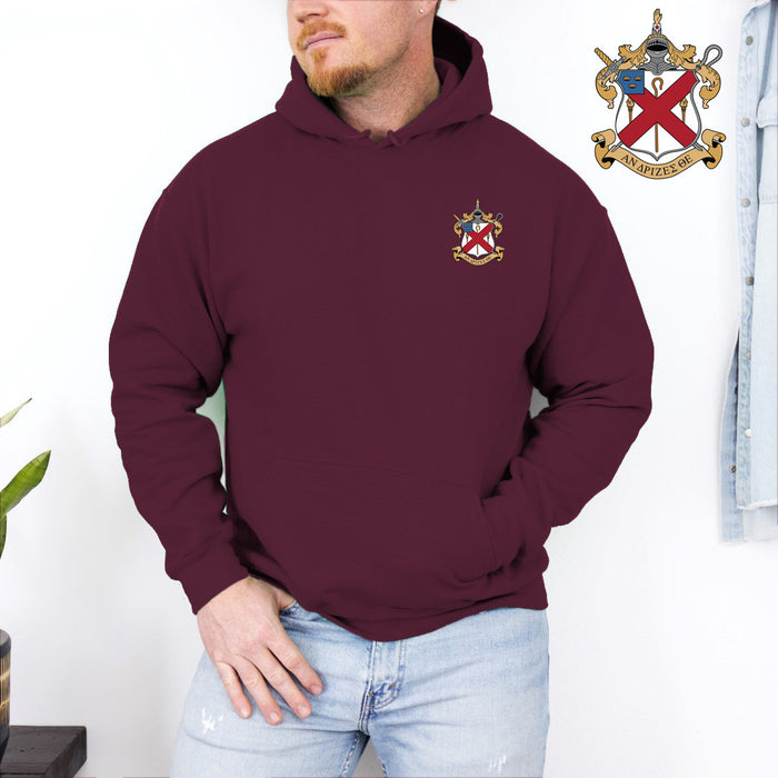 Discount Alpha Chi Rho Crest Shield Emblem Hooded Sweatshirt DISCOUNT-Alpha Chi Rho Crest - Shield Emblem Hooded Sweatshirt