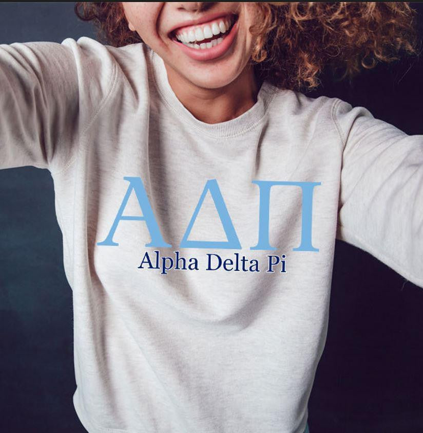 Printify Alpha Delta Pi Greek Type Crewneck Sweatshirts Alpha Delta Pi Greek Type Crewneck Sweatshirts