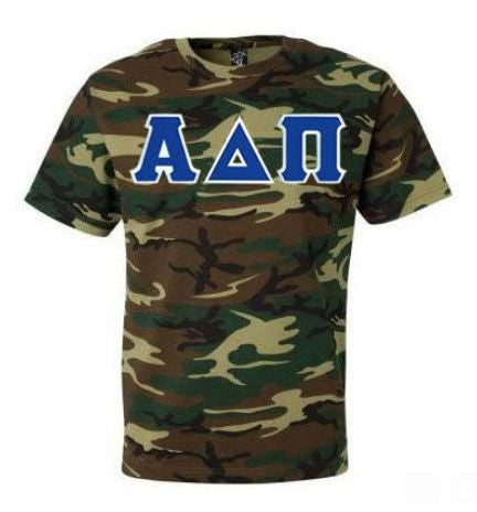 Discount Alpha Delta Pi Lettered Camouflage T Shirt DISCOUNT-Alpha Delta Pi Lettered Camouflage T-Shirt