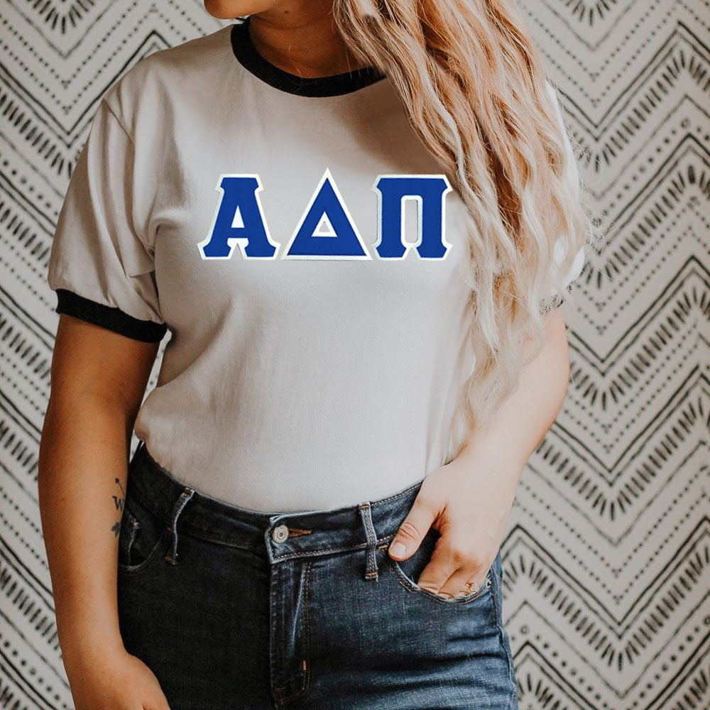 Discount Alpha Delta Pi Lettered Ringer Shirt DISCOUNT-Alpha Delta Pi Lettered Ringer Shirt