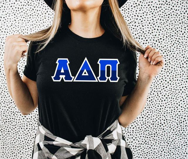 Alpha Delta Pi Two Toned Greek Lettered T Shirts Alpha Delta Pi Two Toned Greek Lettered T-shirts