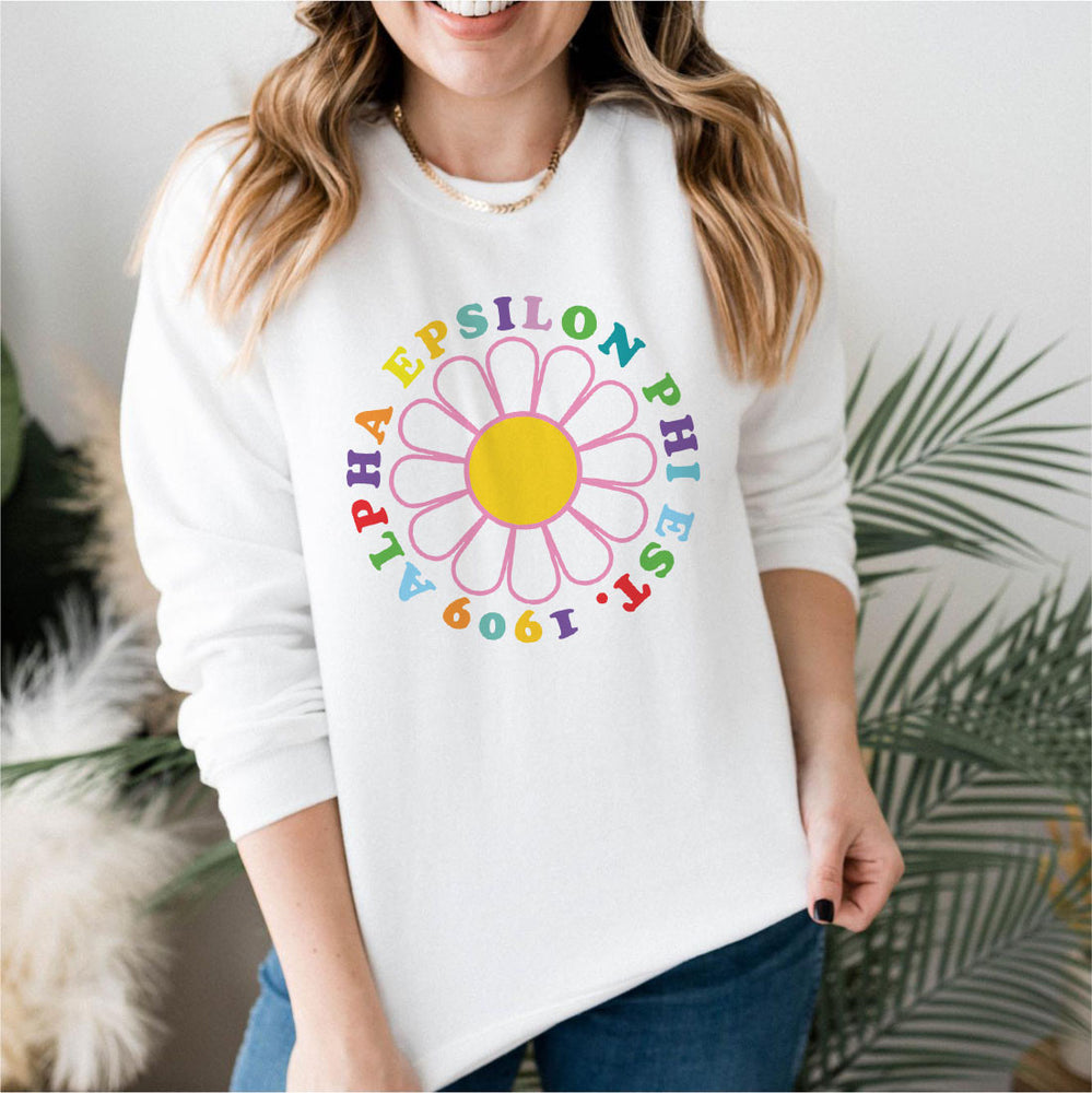 Alpha Epsilon Phi Rainbow Daisy Crewneck Sweatshirt Alpha Epsilon Phi Rainbow Daisy Crewneck Sweatshirt