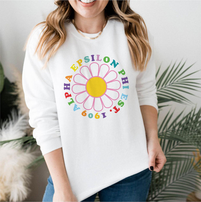 Alpha Epsilon Phi Rainbow Daisy Crewneck Sweatshirt Alpha Epsilon Phi Rainbow Daisy Crewneck Sweatshirt