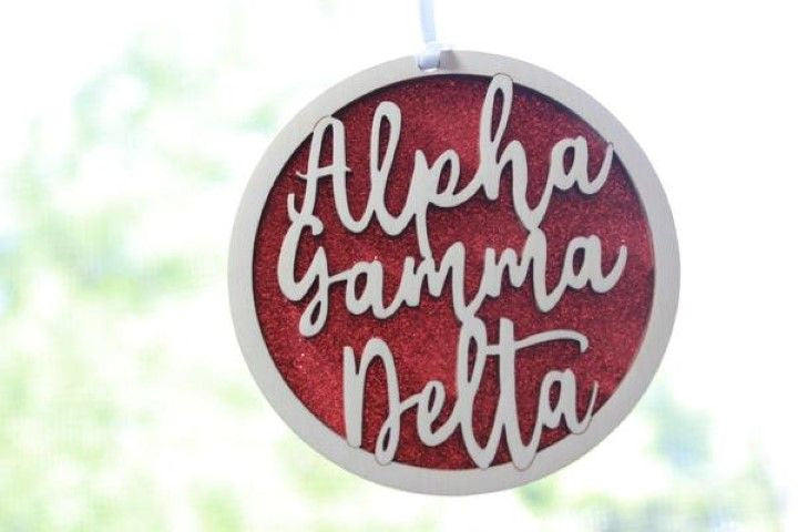 Alpha Gamma Delta Laser Carved Script Ornament 3" Round Alpha Gamma Delta Laser Carved Script Ornament - 3