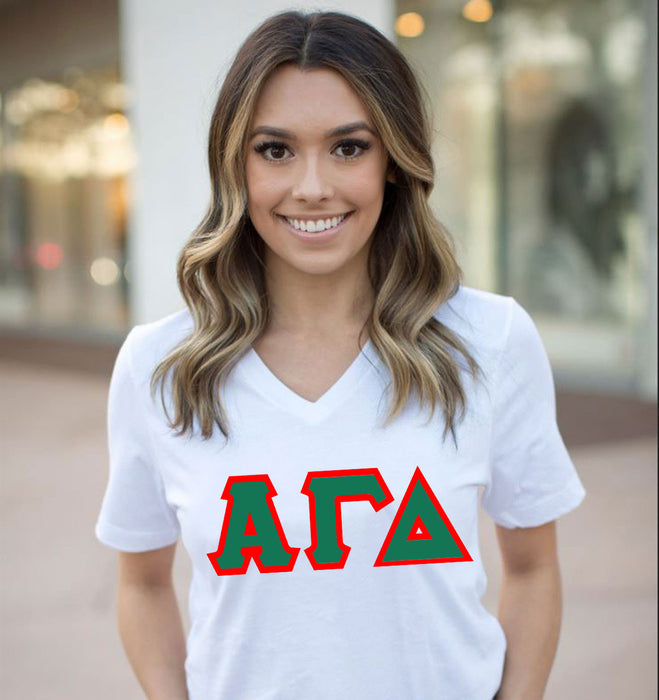 Discount Alpha Gamma Delta Lettered V Neck Tee DISCOUNT-Alpha Gamma Delta Lettered V-Neck Tee