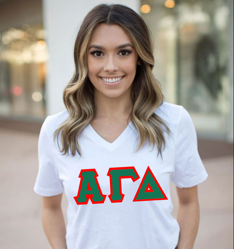 Discount Alpha Gamma Delta Lettered V Neck Tee DISCOUNT-Alpha Gamma Delta Lettered V-Neck Tee