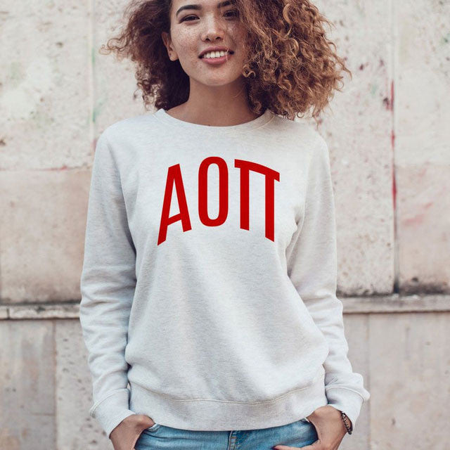 Alpha Omicron Pi Arched Greek Lettered Crewneck Sweatshirt Alpha Omicron Pi Arched Greek Lettered Crewneck Sweatshirt