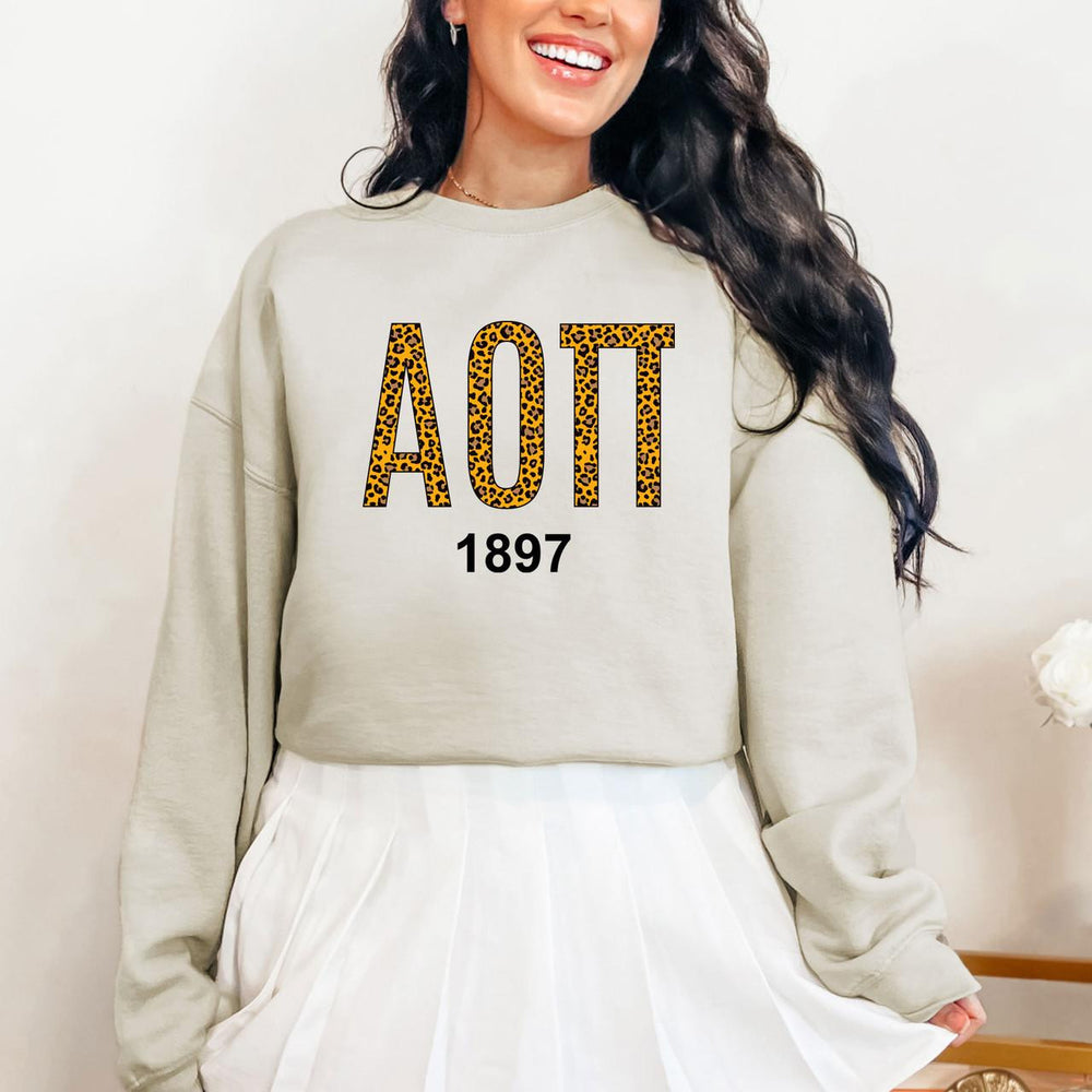 Alpha Omicron Pi Cheetah Print Crewneck Sweatshirt Alpha Omicron Pi Cheetah Print Crewneck Sweatshirt