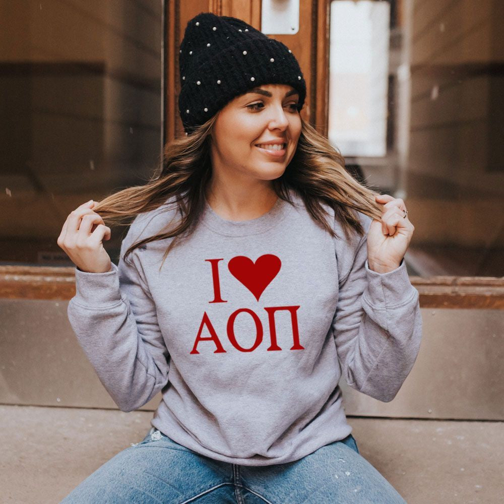 Alpha Omicron Pi I Love Crewneck Sweatshirt Alpha Omicron Pi I Love Crewneck Sweatshirt