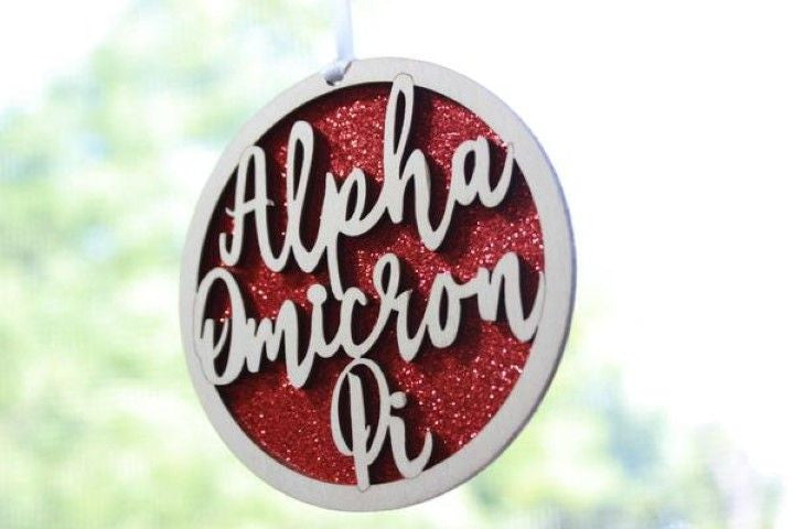Alpha Omicron Pi Laser Carved Script Ornament 3" Round Alpha Omicron Pi Laser Carved Script Ornament - 3