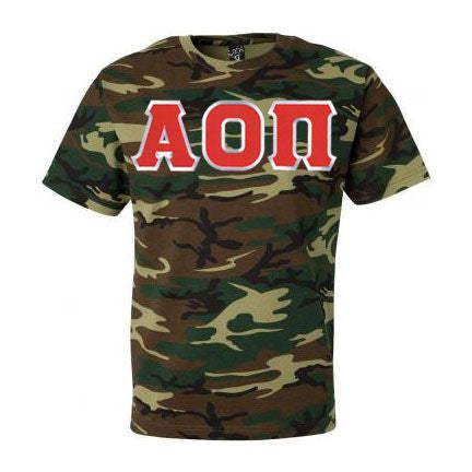 Discount Alpha Omicron Pi Lettered Camouflage T Shirt DISCOUNT-Alpha Omicron Pi Lettered Camouflage T-Shirt