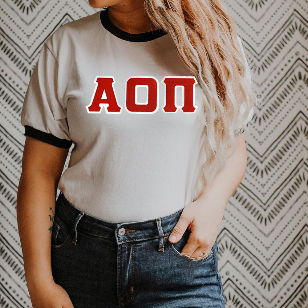 Discount Alpha Omicron Pi Lettered Ringer Shirt DISCOUNT-Alpha Omicron Pi Lettered Ringer Shirt