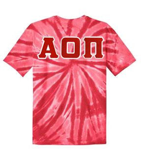 Discount Alpha Omicron Pi Lettered Tie Dye T Shirts For Only $30! DISCOUNT-Alpha Omicron Pi Lettered Tie-Dye t-shirts