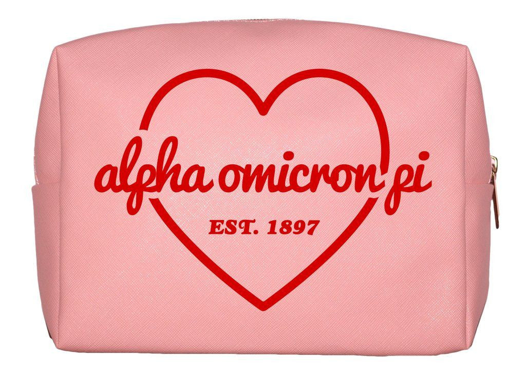 Alpha Omicron Pi Pink With Red Heart Makeup Bag Alpha Omicron Pi Pink with Red Heart Makeup Bag