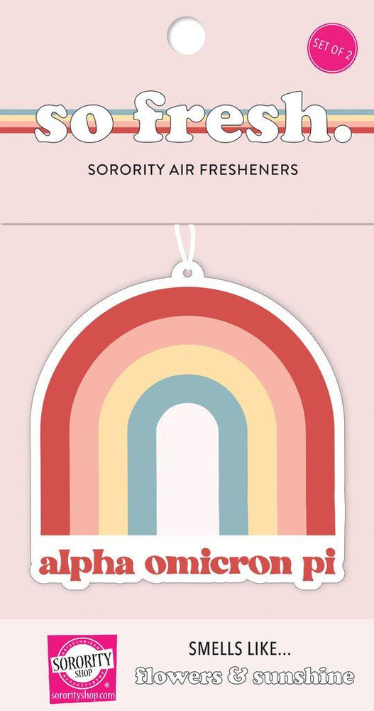 Alpha Omicron Pi Rainbow Retro Air Freshener Flowers & Sunshine Scent Alpha Omicron Pi Rainbow Retro Air Freshener - Flowers & Sunshine Scent