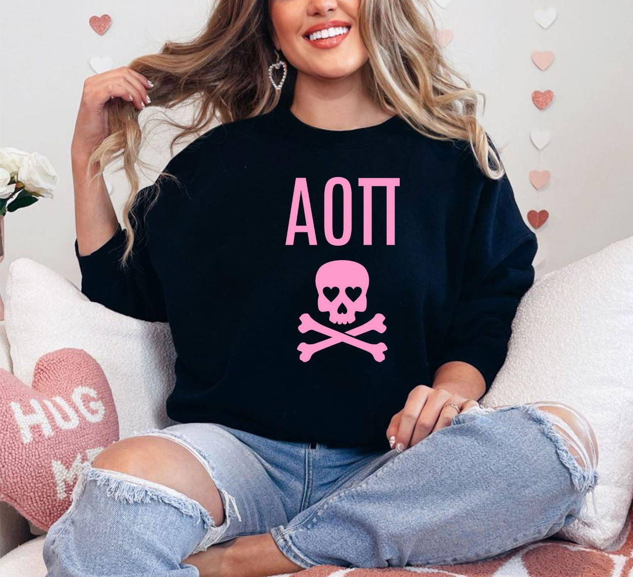 Alpha Omicron Pi Skull & Crossbones Crew Sweatshirt Alpha Omicron Pi Skull & Crossbones Crew Sweatshirt