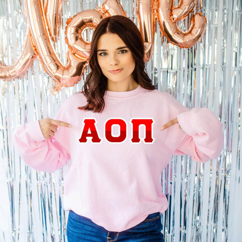 Printify Alpha Omicron Pi Two Tone Lettered Crew Sweatshirts Alpha Omicron Pi Two Tone Lettered Crew Sweatshirts
