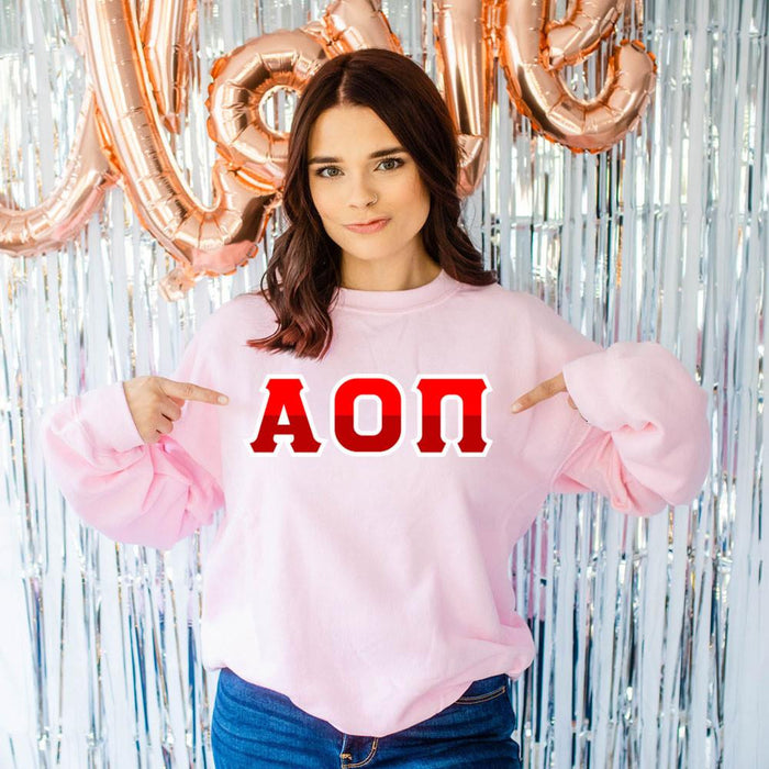 Printify Alpha Omicron Pi Two Tone Lettered Crew Sweatshirts Alpha Omicron Pi Two Tone Lettered Crew Sweatshirts