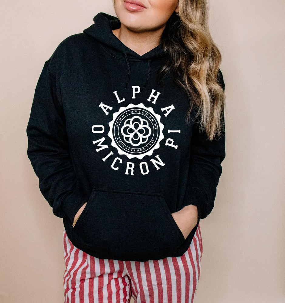 Printify Alpha Omicron Pi Unisex College Seal Hoodie Alpha Omicron Pi Unisex College Seal Hoodie