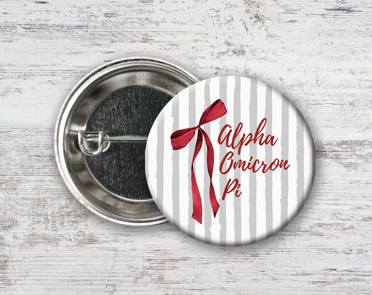 Alpha Omicron Pi Stripes & Bows Pin Buttons Alpha Omicron Pi Stripes & Bows Pin Buttons