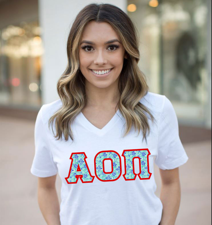Discount Alpha Omicron Pi Lettered V Neck Tee DISCOUNT-Alpha Omicron Pi Lettered V-Neck Tee