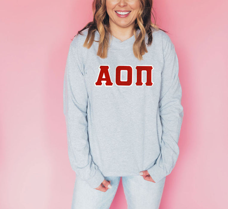 Discount Alpha Omicron Pi Lettered Long Sleeve Tee DISCOUNT Alpha Omicron Pi Lettered Long Sleeve Tee