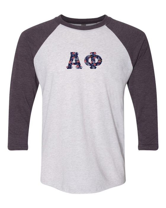 Alpha Phi Unisex Tri Blend Three Quarter Sleeve Baseball Raglan Tee Alpha Phi Unisex Tri-Blend Three-Quarter Sleeve Baseball Raglan Tee