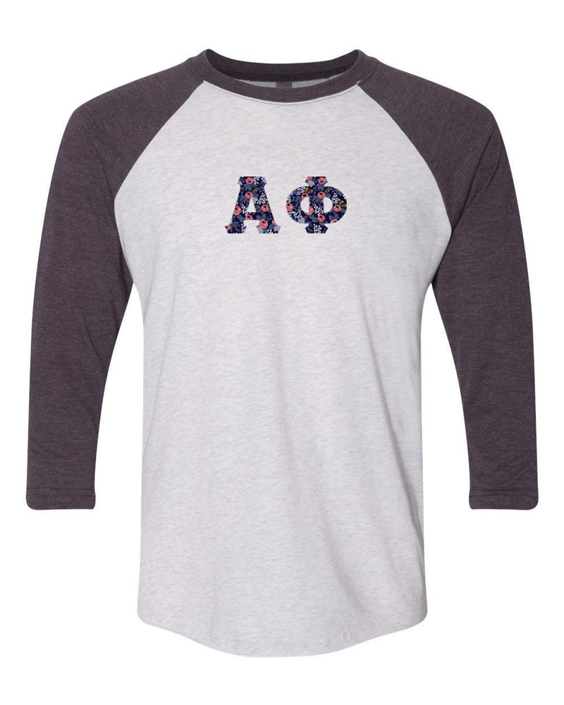 Alpha Phi Unisex Tri Blend Three Quarter Sleeve Baseball Raglan Tee Alpha Phi Unisex Tri-Blend Three-Quarter Sleeve Baseball Raglan Tee