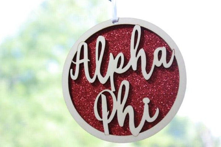 Alpha Phi Laser Carved Script Ornament 3" Round Alpha Phi Laser Carved Script Ornament - 3
