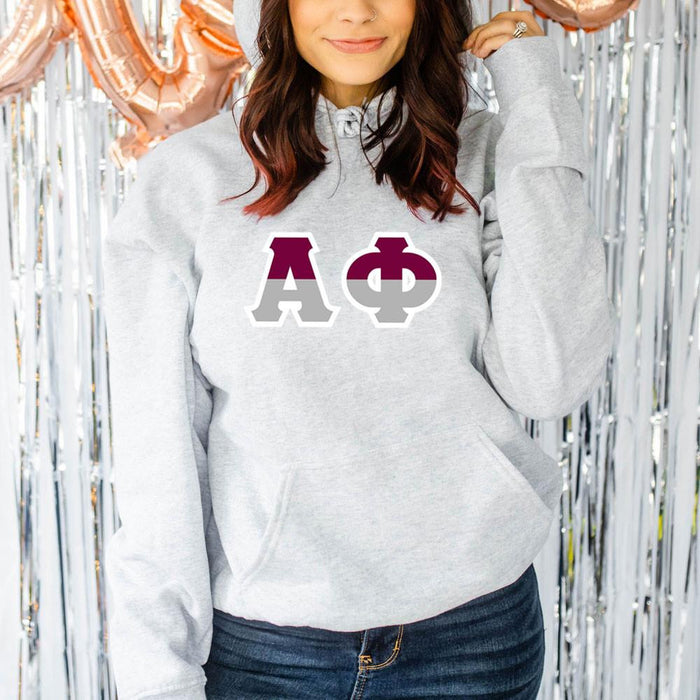 Printify Alpha Phi Two Tone Lettered Hooded Sweatshirts Alpha Phi Two Tone Lettered Hooded Sweatshirts