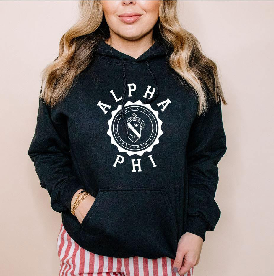 Printify Alpha Phi Unisex College Seal Hoodie Alpha Phi Unisex College Seal Hoodie