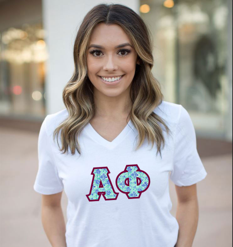 Discount Alpha Phi Lettered V Neck Tee DISCOUNT-Alpha Phi Lettered V-Neck Tee