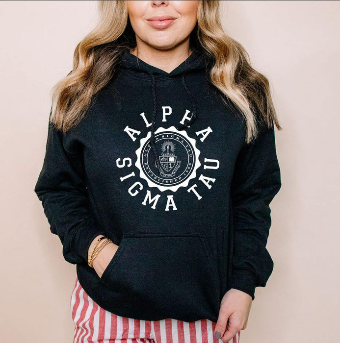 Printify Alpha Sigma Tau Unisex College Seal Hoodie Alpha Sigma Tau Unisex College Seal Hoodie
