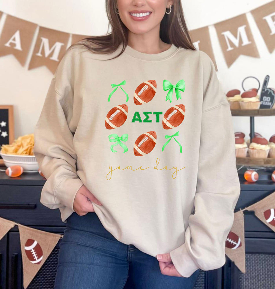 Alpha Sigma Tau Game Day Bows Crewneck Sweatshirt Alpha Sigma Tau Game Day Bows Crewneck Sweatshirt