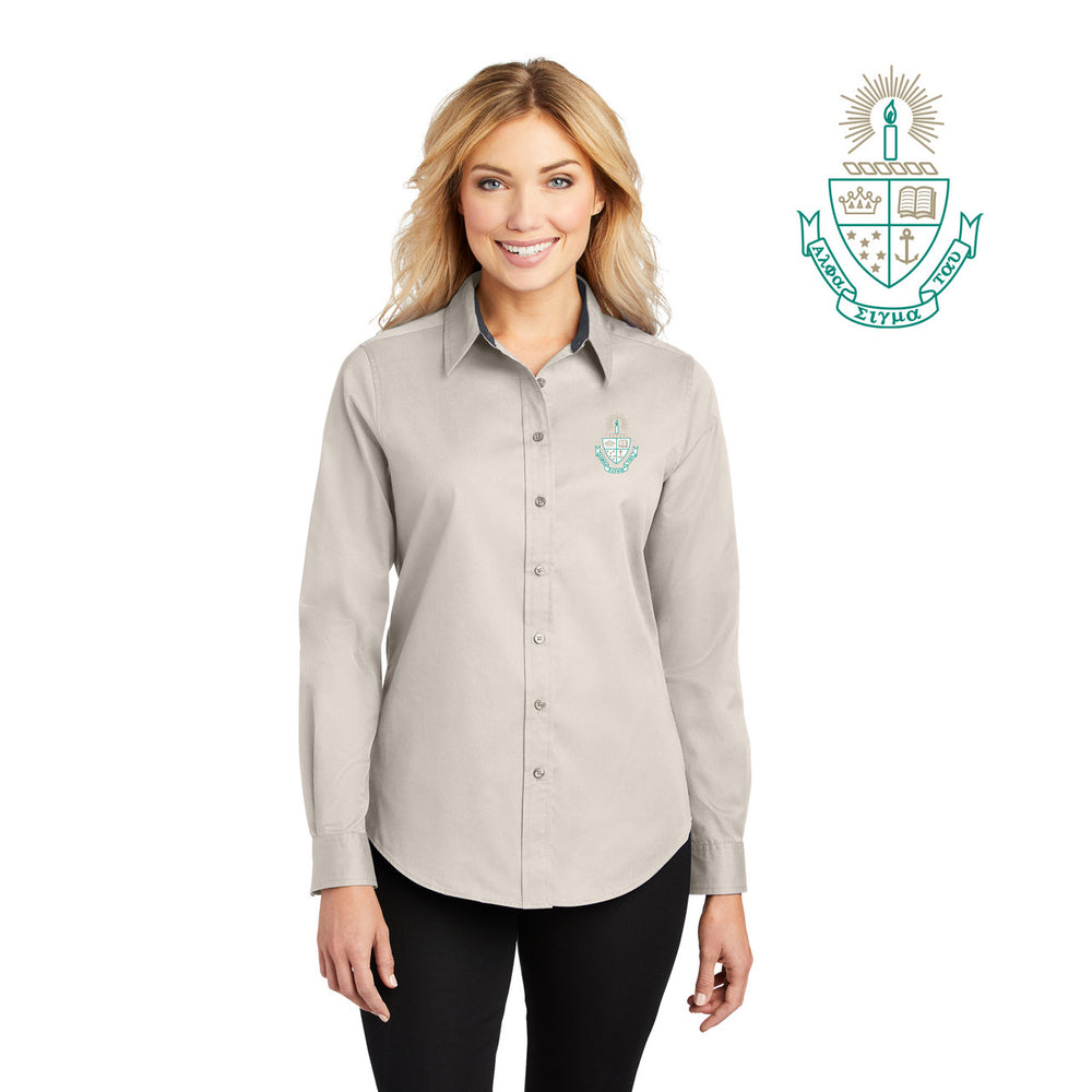 Discount Alpha Sigma Tau Crest Shield Long Sleeve Oxford DISCOUNT-Alpha Sigma Tau Crest - Shield Long Sleeve Oxford