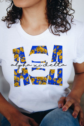 Alpha Xi Delta Floral Big Lettered T Shirts Alpha Xi Delta Floral Big Lettered T-Shirts