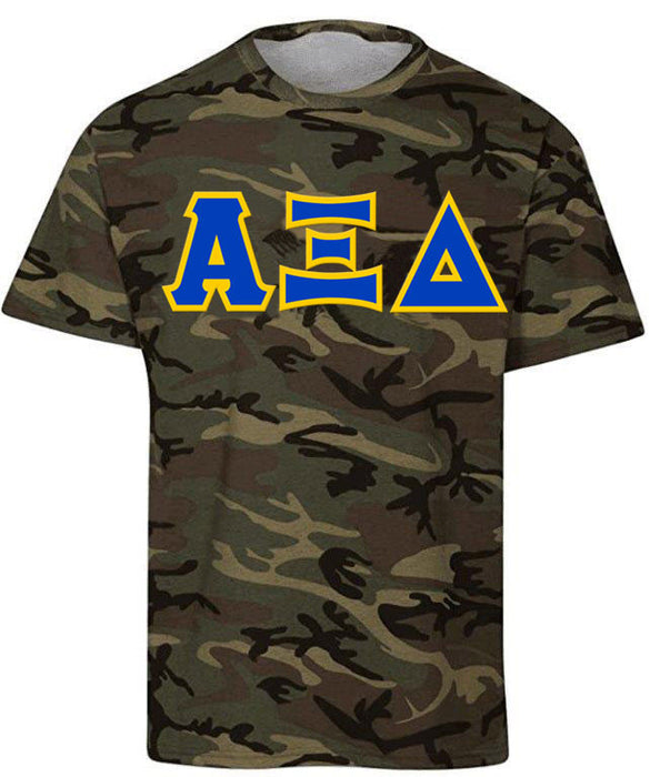 Discount Alpha Xi Delta Lettered Camouflage T Shirt DISCOUNT-Alpha Xi Delta Lettered Camouflage T-Shirt
