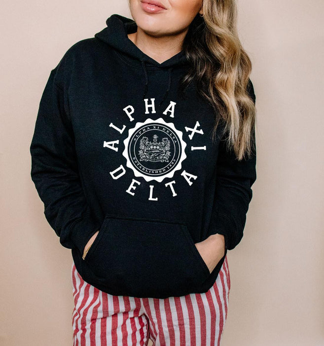 Printify Alpha Xi Delta Unisex College Seal Hoodie Alpha Xi Delta Unisex College Seal Hoodie